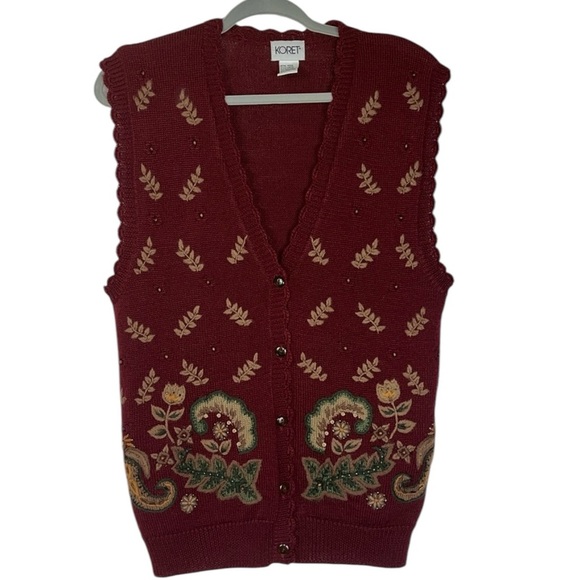 Koret artsy nature inspired/adorned knit vest button closure wool vest Sz S - Picture 1 of 11